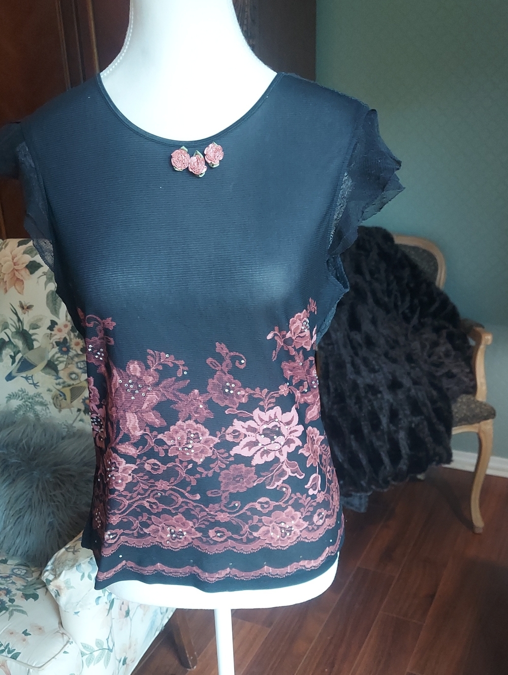 Express Black Top with Rose Pink Lace Appliqué